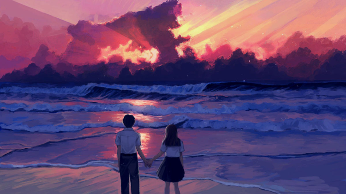 Cảnh biển trên nền hoàng hôn anime