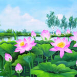 Tranh vẽ hoa sen phong cảnh