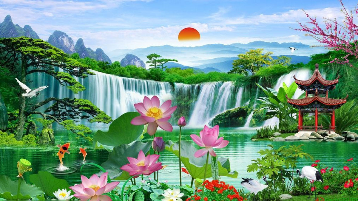 Tranh vẽ hoa sen phong cảnh
