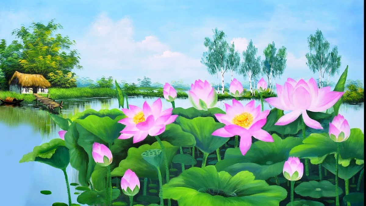 Tranh vẽ hoa sen phong cảnh